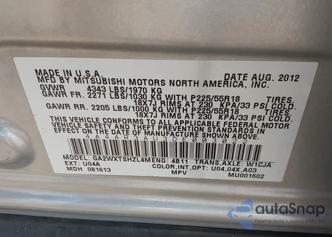 2013 Mitsubishi Outlander Sport Es из США, поврежденный, VIN 4A4AR3AU3DE003022